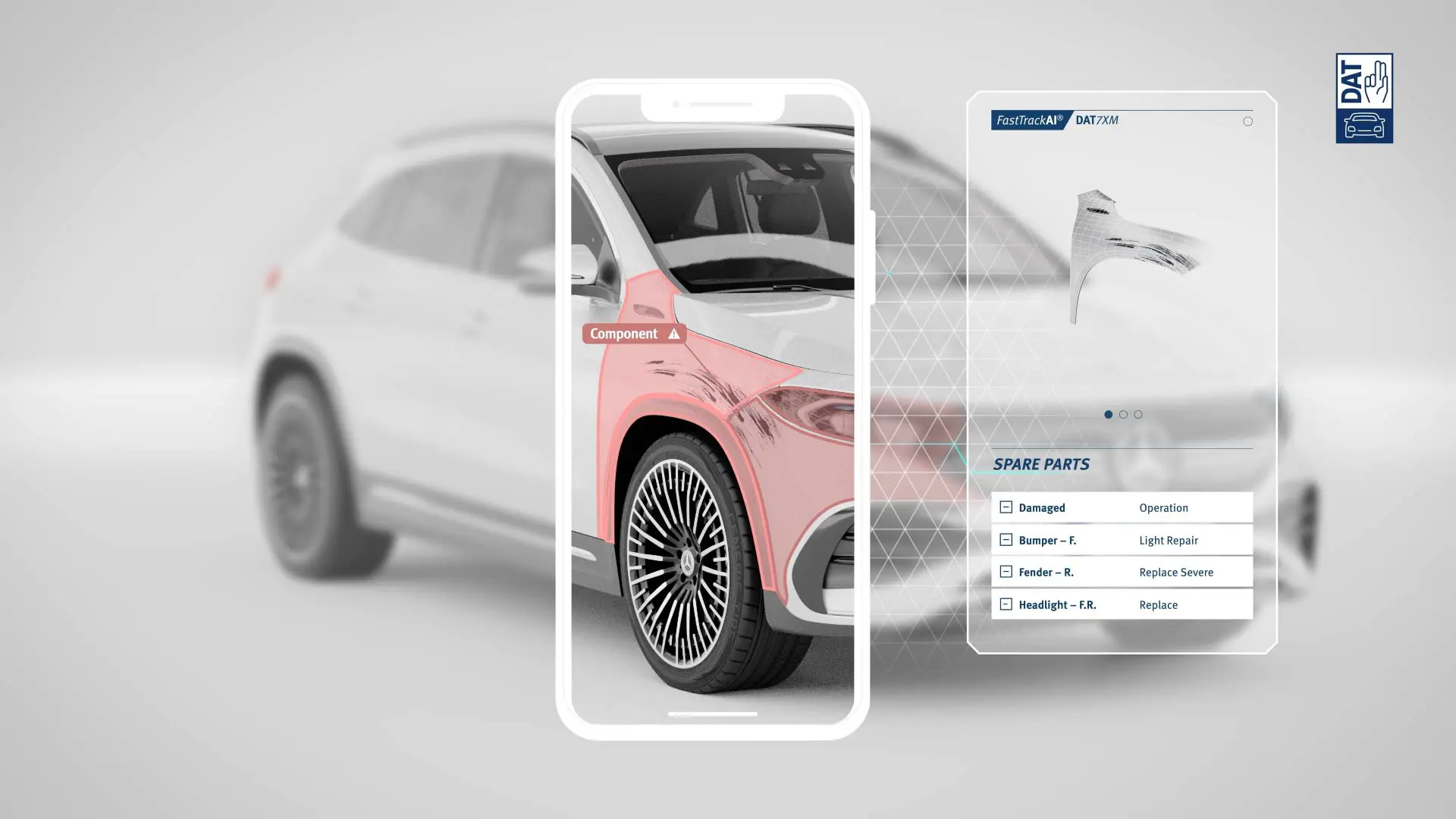 Smartphone zeigt beschädigte Autoteile mit Reparaturoptionen.