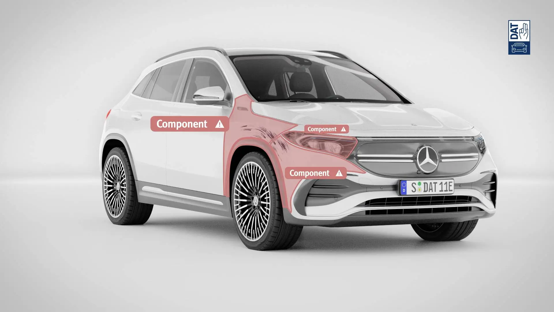 Weißer Mercedes-Benz Elektro-SUV mit roten Beschriftungen der Komponenten.