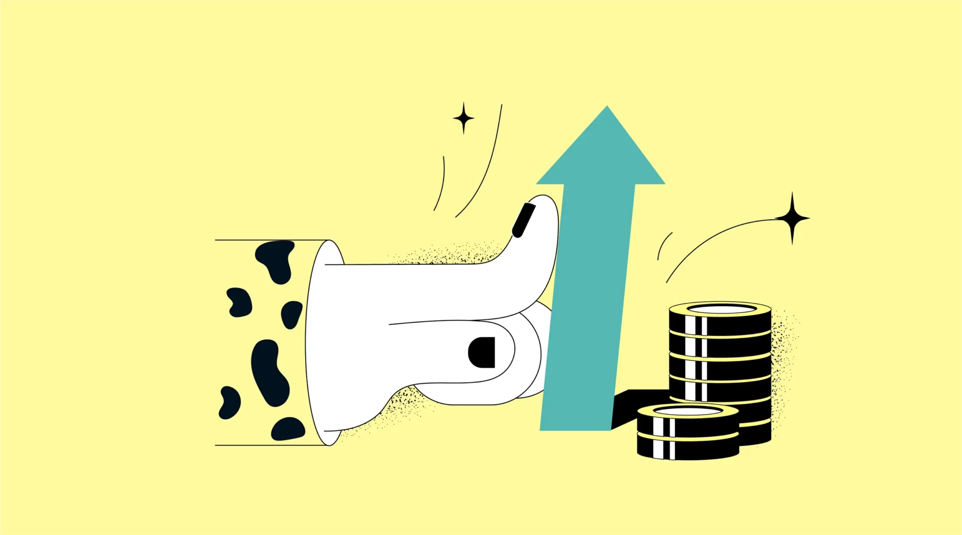 Eine illustrierte Hand mit Leopardenprint-Armreifen zeigt nach oben neben einem Stapel Münzen.