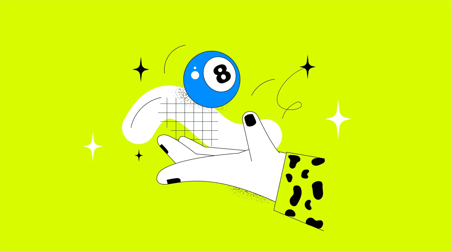 Hand mit weiß-schwarzem Leopardenmuster unter schwebender blauer Achtkugel vor grünem, funkelndem Hintergrund.