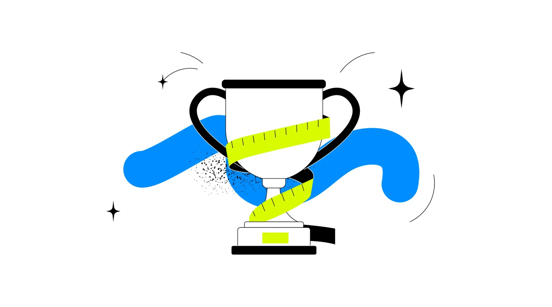 Illustration eines Pokals mit schwarzen Griffen und einem grünen Maßband, vor blauem abstraktem Hintergrund mit Funkeln.