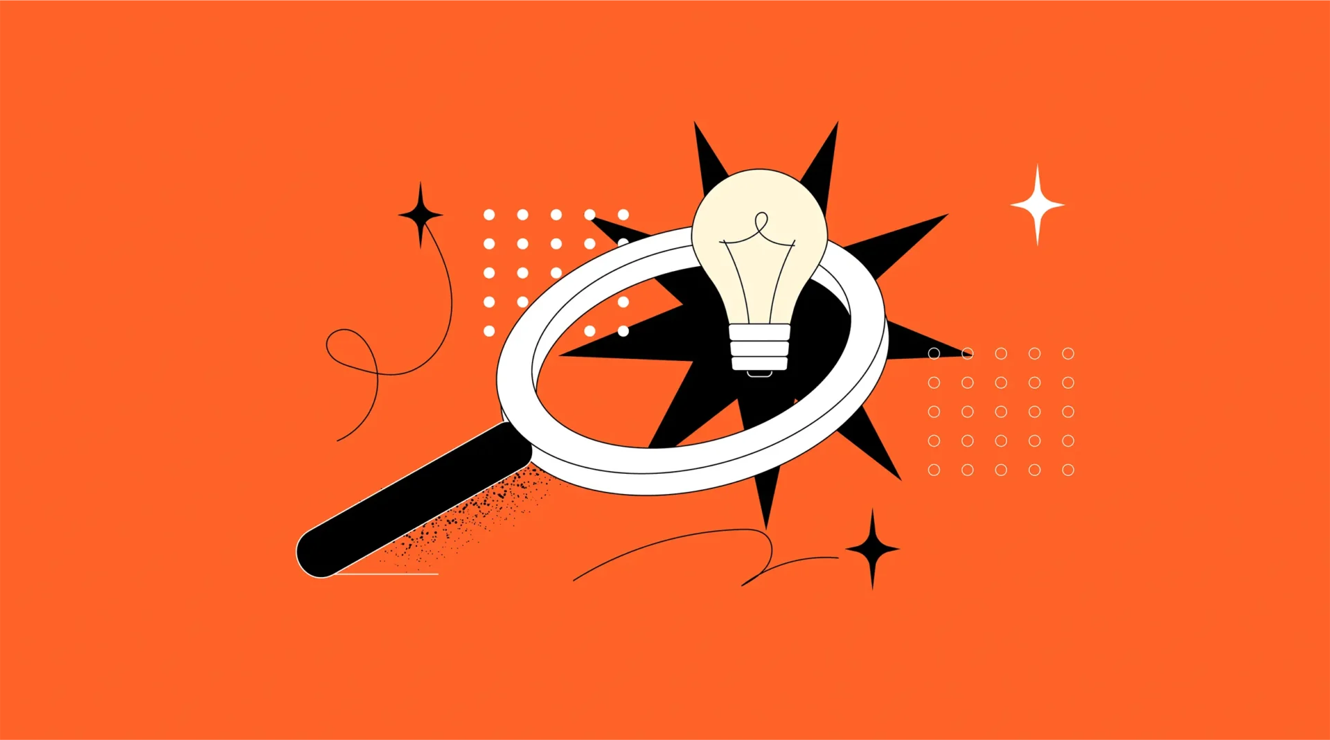 Illustrierte Abbildung: weiße Lupe mit Glühbirne vor orangefarbenem Hintergrund, schwarze Sternburst- und Punktemuster.