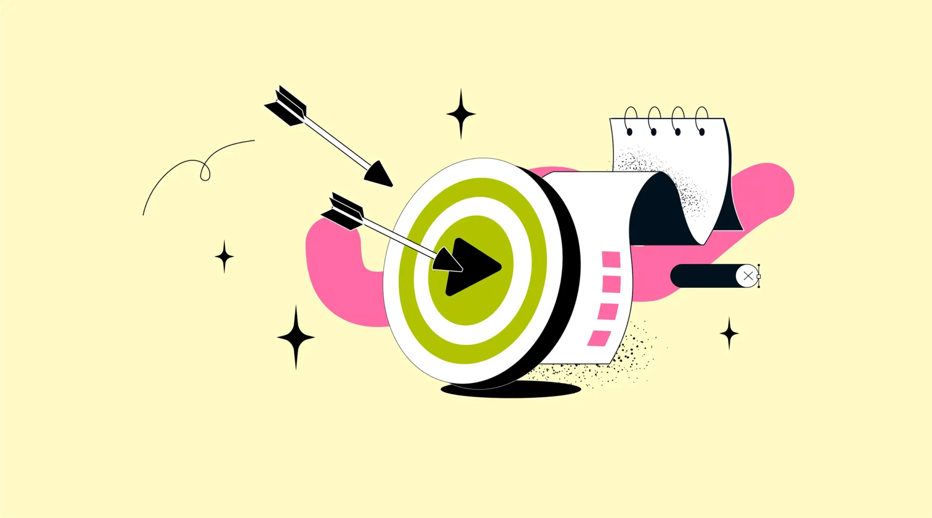 Das Bild zeigt eine Zielscheibe mit Play-Button, zwei Pfeile, Notizblock und abstrakte bunte Formen auf hellem Gelb.