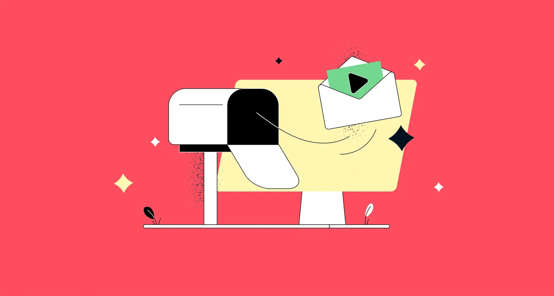 Eine Illustration mit Briefkasten, gelbem Monitor, grün-weißem Umschlag und Play-Button vor rotem Hintergrund.