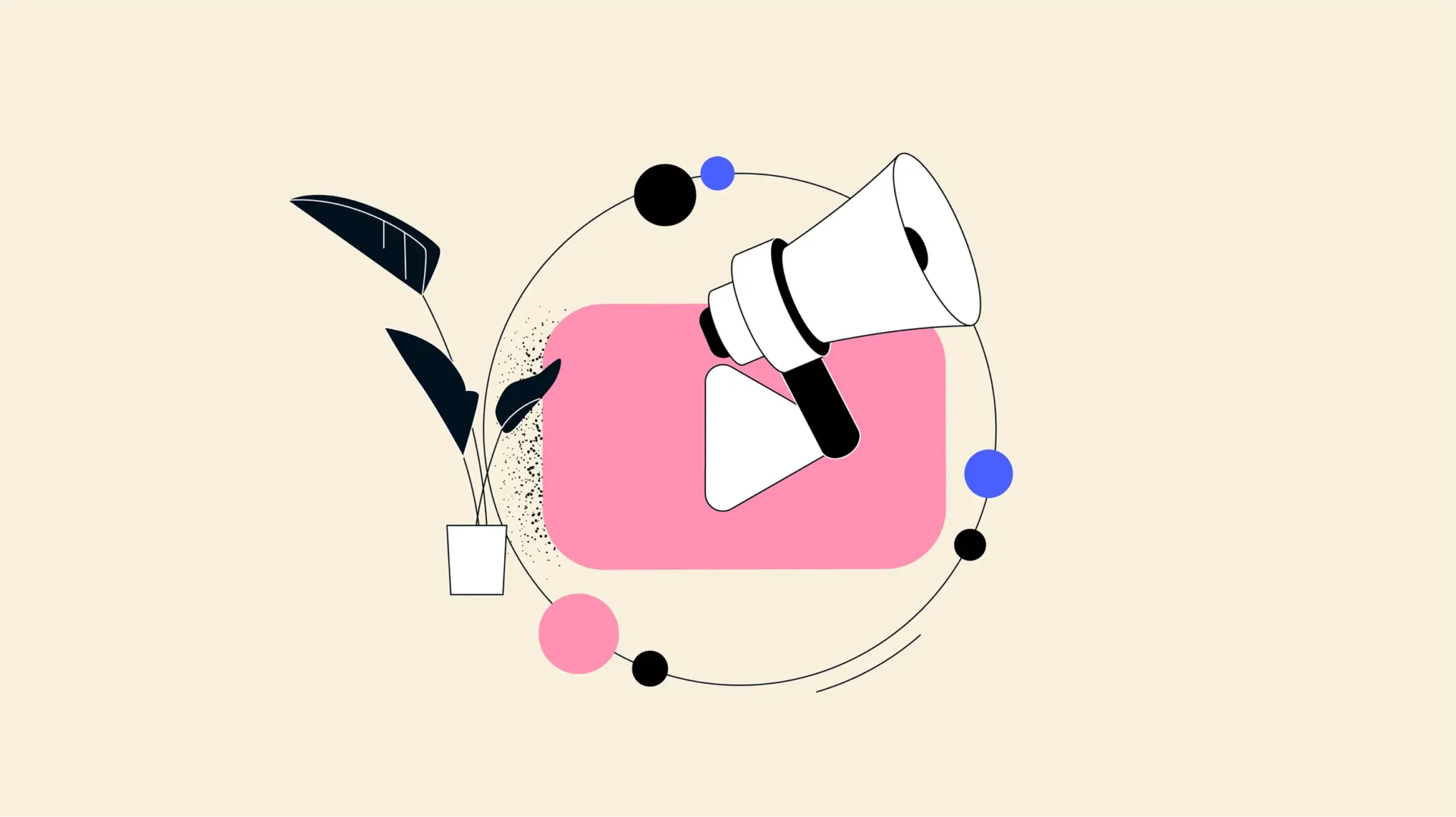 Illustration mit Megafon, Play-Symbol, Pflanze und bunten Kreisen auf beigem Grund; Symbol für digitale Kommunikation.