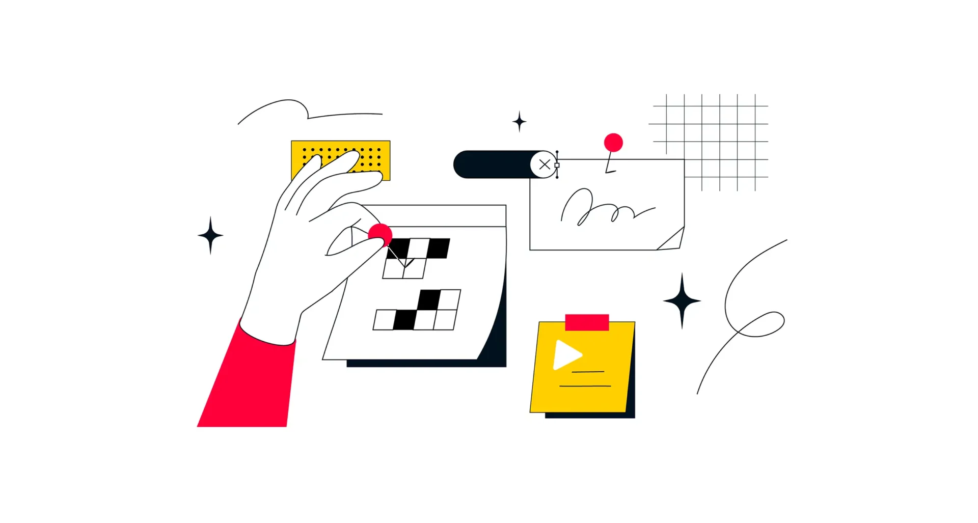 Illustration: Hand mit roter Stecknadel an Kreuzworträtsel auf Notizblock; gelbe Haftnotiz mit Play‑Symbol.