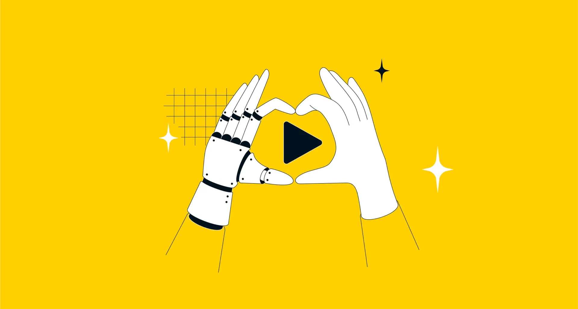 Illustration: Roboterhand und Menschenhand bilden ein Herz um ein Play-Symbol auf gelbem Hintergrund.