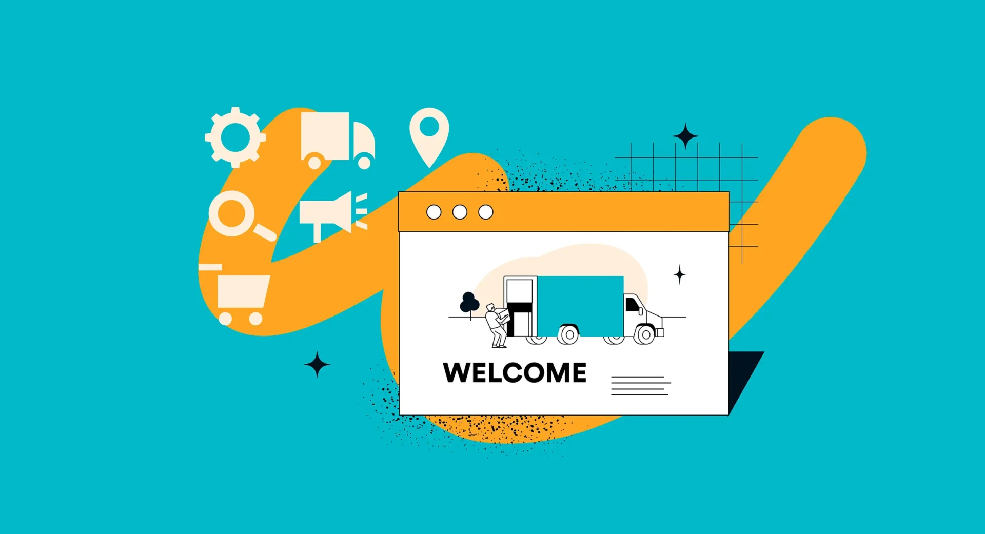 Vibrantes türkises Design mit Browserfenster, Lieferwagen und Logistik-Icons, 'WELCOME' Text.