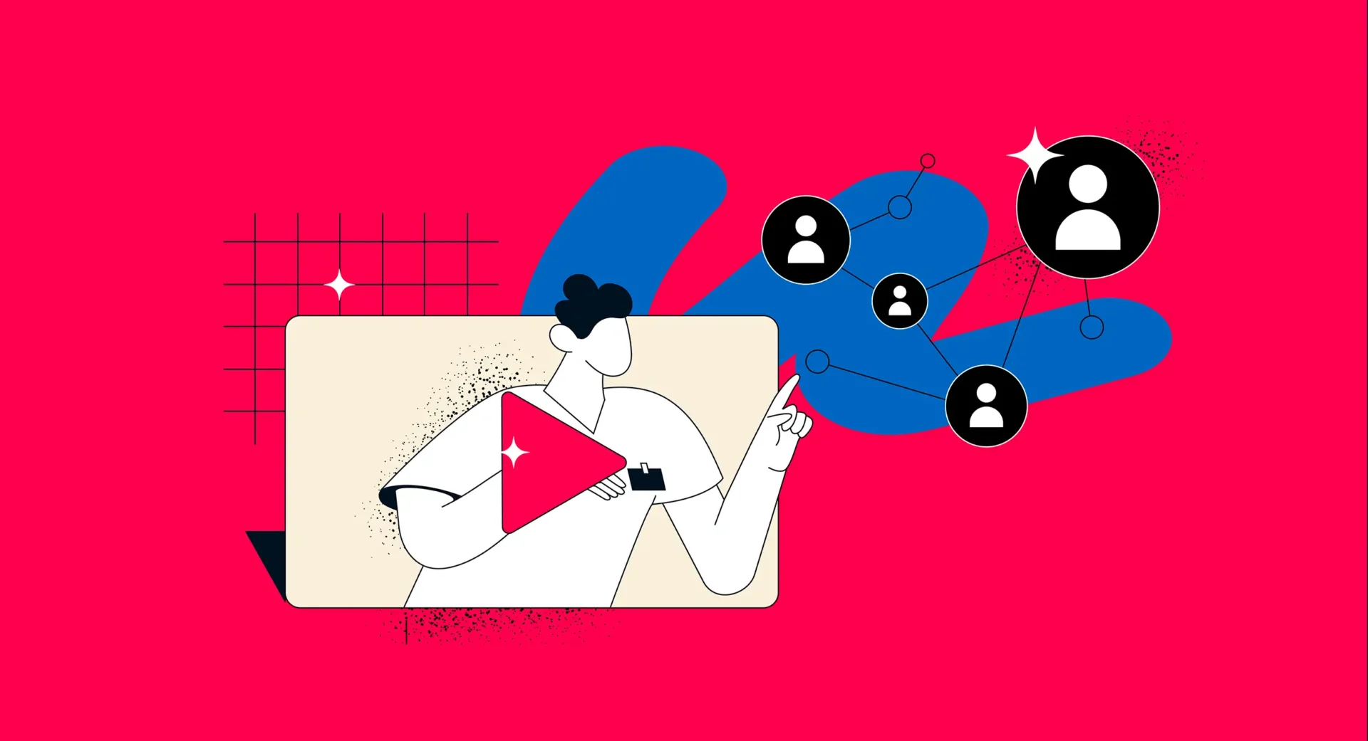 Illustration einer Person mit Megafon vor Play-Symbol, vernetzte Nutzer-Icons auf pinkem Hintergrund.