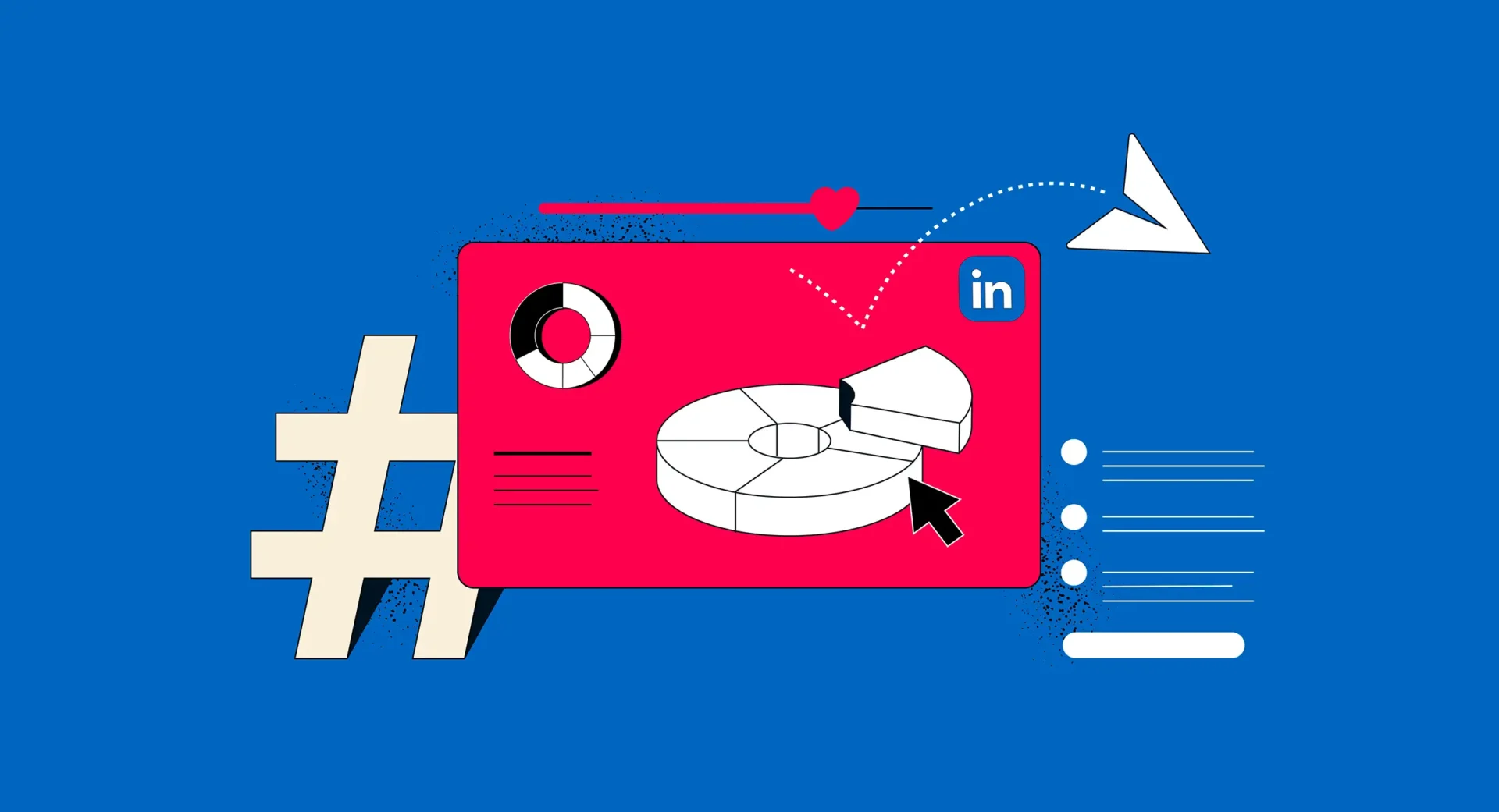 Heller blauer Hintergrund mit roter LinkedIn-Grafik, Tortendiagramm, Mauszeiger und Social-Icons.
