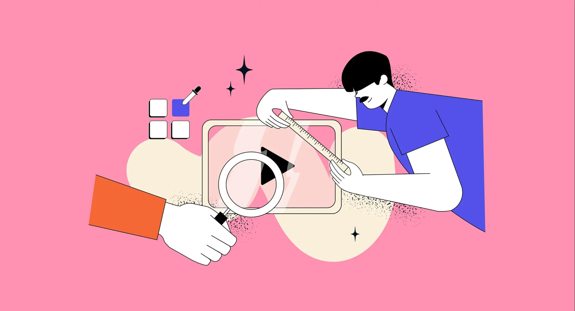 Eine Illustration mit zwei stilisierten Figuren (Lineal, Lupe) am Tablet, umgeben von geometrischen Formen und Funkeln auf rosa Hintergrund.
