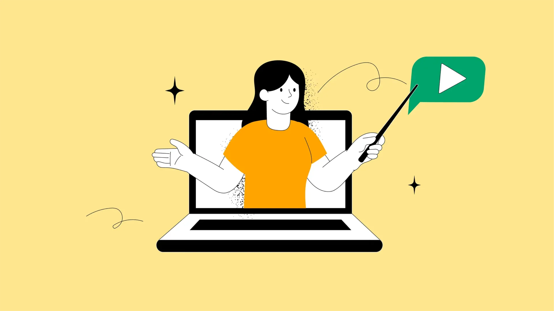 Illustration einer Person mit schwarzem Haar und orangefarbenem Shirt vor Laptop mit grünem Play-Button, gelber Hintergrund.