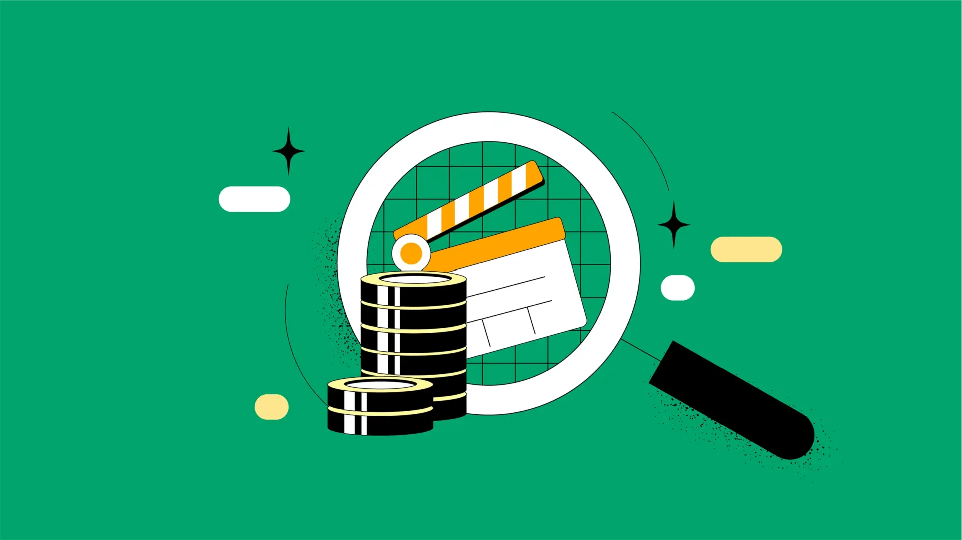 Illustration: Lupe über einer Filmklappe, Münzstapel und geometrische Formen auf grünem Hintergrund.