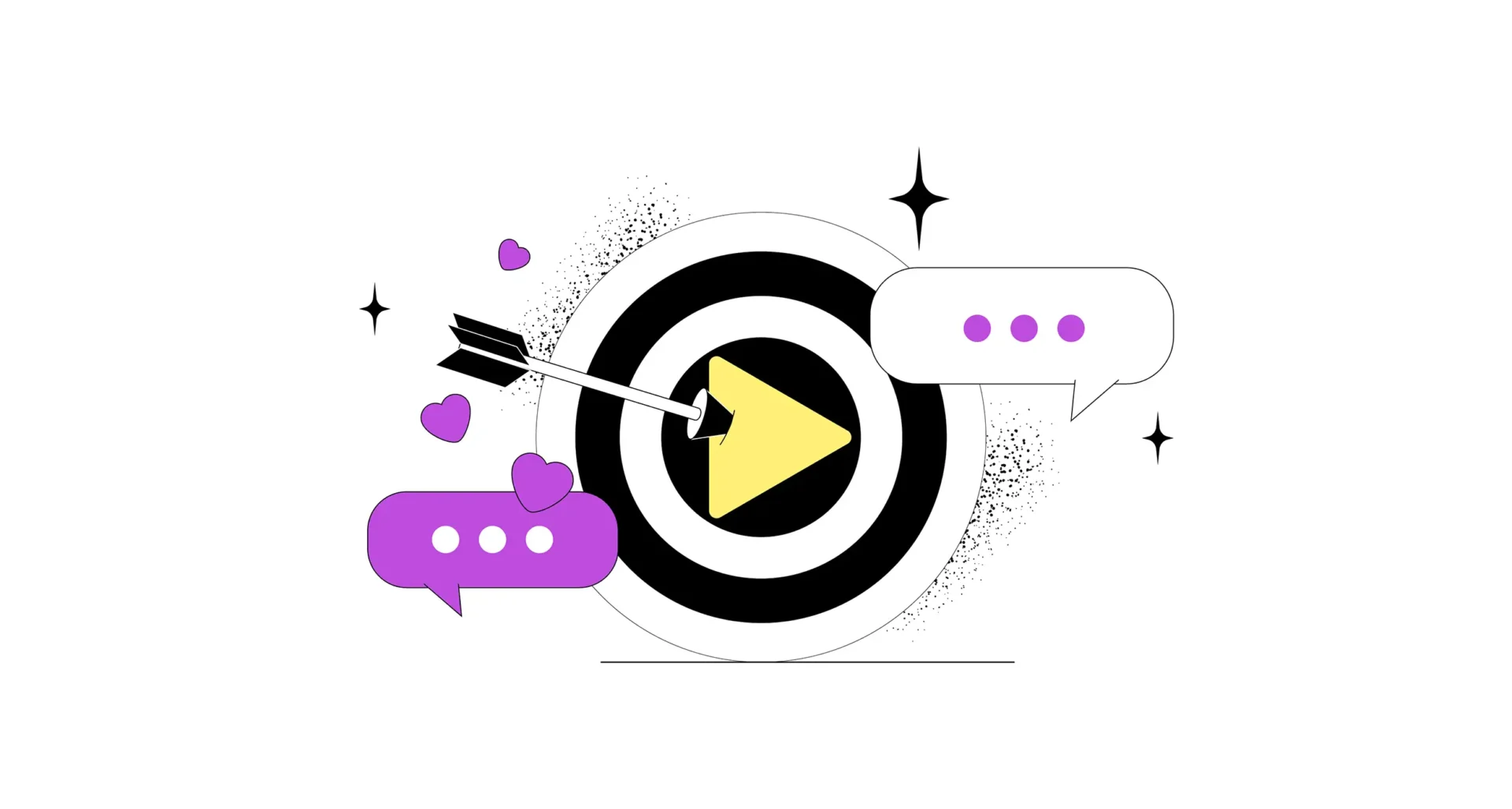 Das Bild zeigt eine Zielscheibe mit Pfeil, Play-Button, Sprechblasen und Herz-Icons vor weißem Hintergrund.