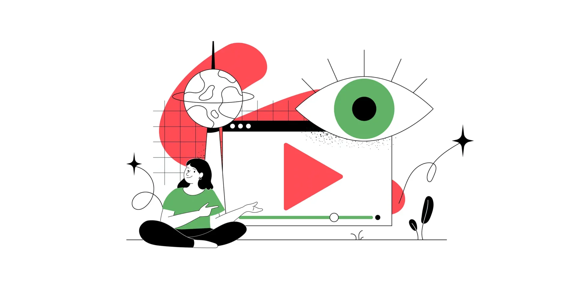 Eine Person sitzt im Schneidersitz und zeigt auf einen Video-Player mit rotem Play-Button, Globus und abstrakten Formen.