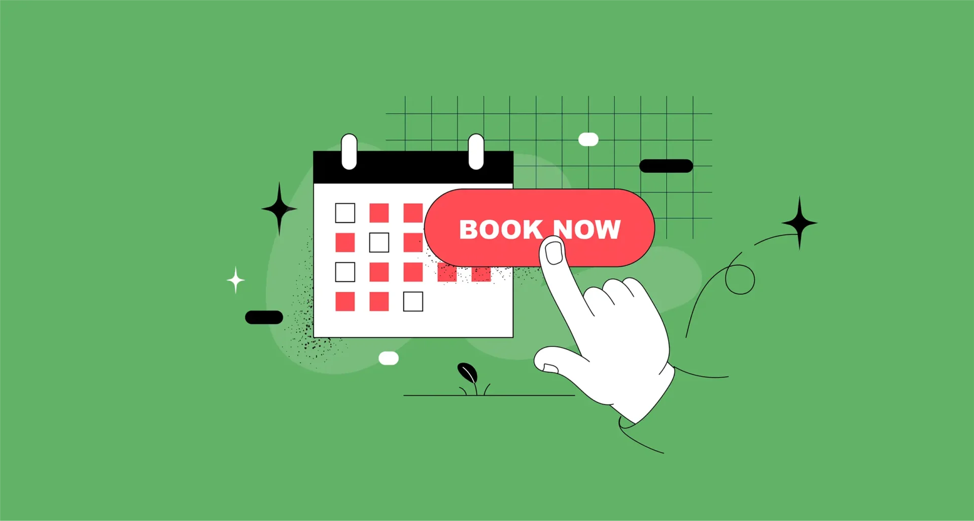 Das Bild zeigt eine Hand, die auf einen Kalender mit markierten Terminen und einem 'BOOK NOW'-Button zeigt.